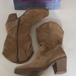 Tan Suede Heeled Western Boots - Women